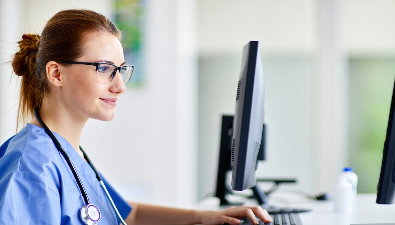 banner horizontal style with a nurse working on a computer banner horizontal style with a nurse working on a computer